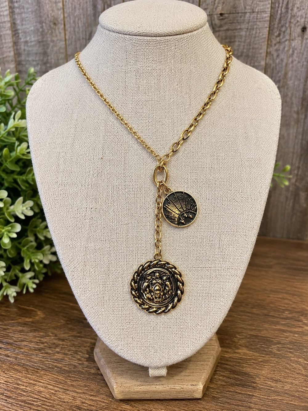 Gold Lion Medallion Drop Necklace